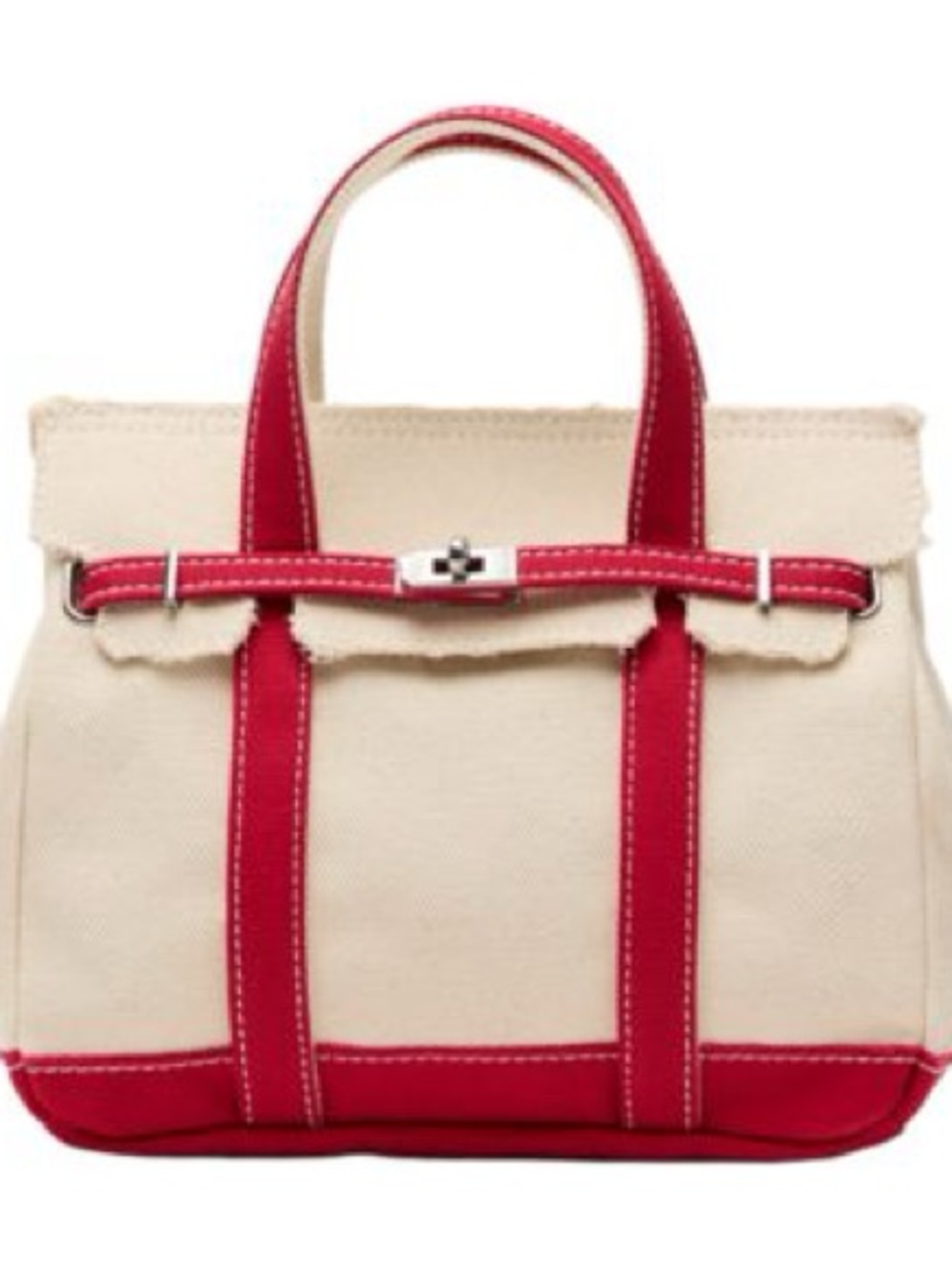 Sunwin Canvas Belted Tote Bag Cream Red Trim Raw Edge Satche